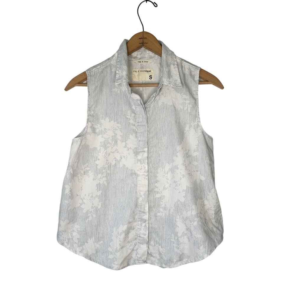 Rag & Bone | Blue and White Floral Striped Button Down Sleeveless Top Size Small